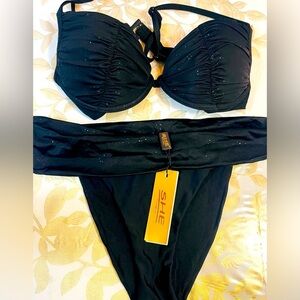 SHE Two Pieces Bikini Swimsuit Underwire Push up Sz 42/38EU 36 B/C  M US Black.